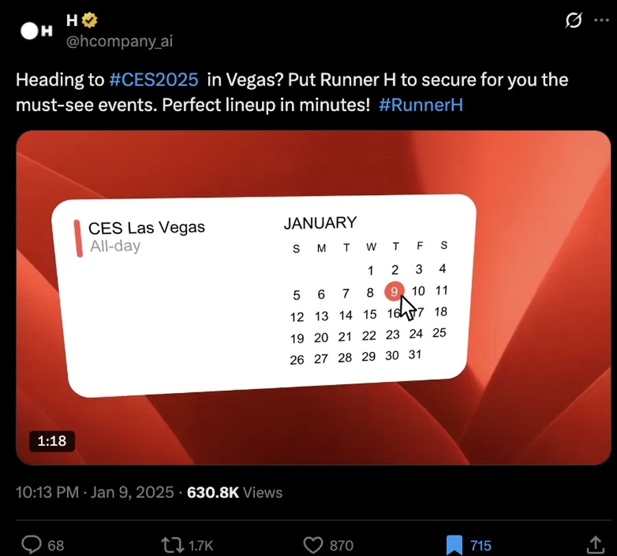 Runner H CES 2025 post, 630.8K views