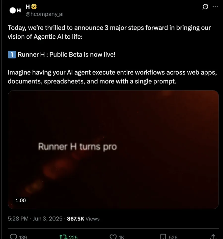 Runner H public beta post, 867.5K views